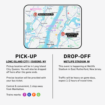 ROUND TRIP BUS TO METLIFE STADIUM | 4 PM JUNE 22ND | FIFA 2026